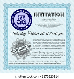 Light blue Invitation. With guilloche pattern and background. Superior design. Detailed. 