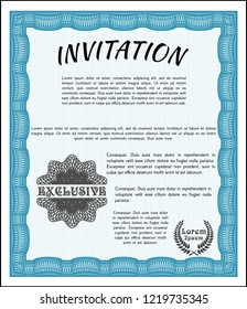 Light blue Invitation. With guilloche pattern and background. Cordial design. Detailed. 
