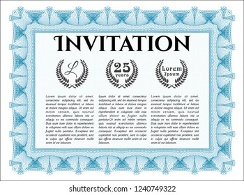 Light blue Invitation. With guilloche pattern. Detailed. Perfect design. 