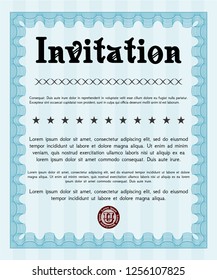 Light blue Invitation. With guilloche pattern. Money style design. Vector illustration. 