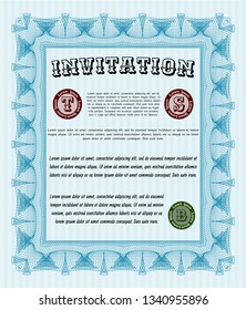 Light blue Invitation. With guilloche pattern and background. Detailed. Lovely design. 