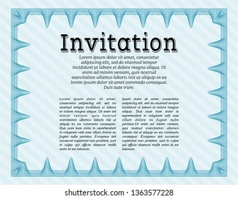 Light blue Invitation. With guilloche pattern. Money style design. Vector illustration. 
