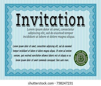 Light blue Invitation. With guilloche pattern and background. Retro design. Customizable, Easy to edit and change colors. 