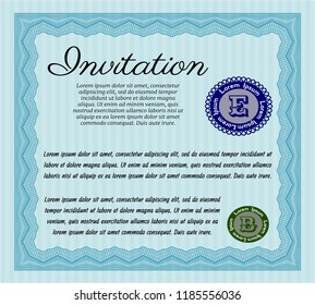 Light blue Invitation. Lovely design. With guilloche pattern. Vector illustration. 