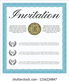 Light blue Invitation. Modern design. Detailed. With guilloche pattern. 