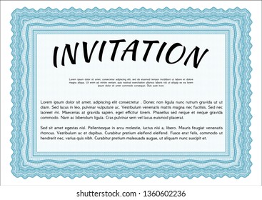 Light blue Invitation. Modern design. With great quality guilloche pattern. Customizable, Easy to edit and change colors. 