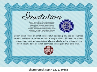 Light blue Invitation. Money Pattern design. Detailed. With great quality guilloche pattern. 