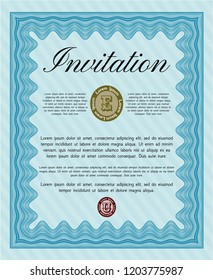 Light blue Invitation. Perfect design. With guilloche pattern and background. Detailed. 