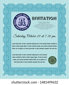 Light blue Invitation. Retro design. With great quality guilloche pattern. Vector illustration. 