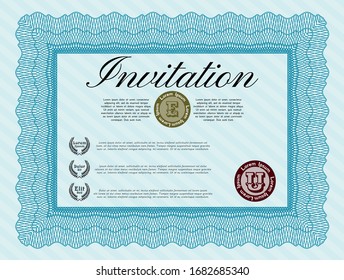 Light blue Invitation. Retro design. With guilloche pattern. Vector illustration. 