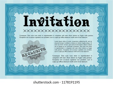 Light blue Invitation. Sophisticated design. With guilloche pattern. Detailed. 