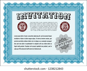 Light blue Invitation template. Artistry design. Vector illustration. With great quality guilloche pattern. 