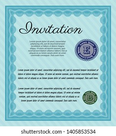 Light blue Invitation template. With background. Money Pattern. Vector illustration. 