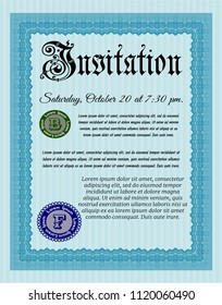 Light blue Invitation template. With complex background. Customizable, Easy to edit and change colors. Money style design. 