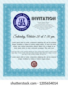 Light blue Invitation template. With complex linear background. Vector illustration. Nice design. 