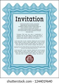Light blue Invitation template. With complex linear background. Artistry design. Detailed. 