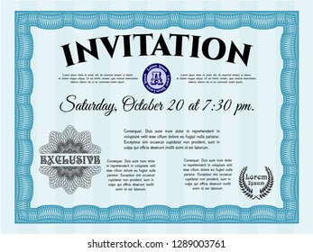 Light blue Invitation template. With complex background. Elegant design. Detailed. 