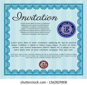 Light blue Invitation template. With complex linear background. Money design. Detailed. 