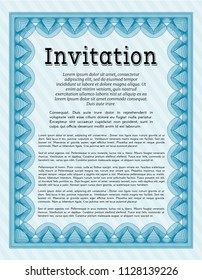 Light blue Invitation template. Cordial design. Customizable, Easy to edit and change colors. Complex background. 