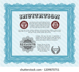 Light blue Invitation template. Cordial design. Vector illustration. With guilloche pattern and background. 