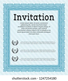 Light blue Invitation template. Cordial design. With great quality guilloche pattern. Vector illustration. 