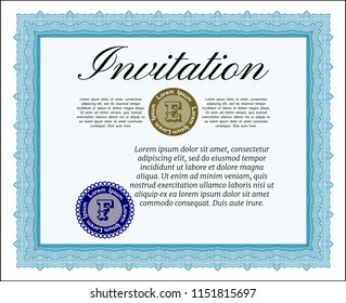 Light blue Invitation template. Customizable, Easy to edit and change colors. With great quality guilloche pattern. Superior design. 