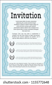 Light blue Invitation template. Customizable, Easy to edit and change colors. With guilloche pattern and background. Lovely design. 