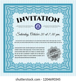 Light blue Invitation template. Customizable, Easy to edit and change colors. With guilloche pattern and background. Nice design. 