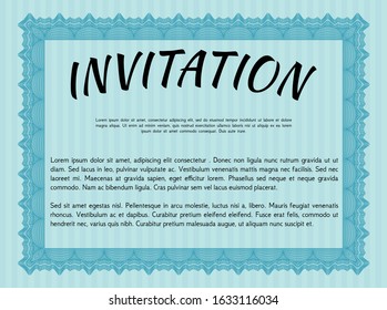 Light blue Invitation template. Customizable, Easy to edit and change colors. With guilloche pattern. Elegant design. 