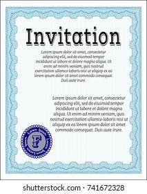 Light blue Invitation template. Customizable, Easy to edit and change colors. With guilloche pattern and background. Excellent design. 