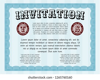 Light blue Invitation template. Detailed. With guilloche pattern and background. Money Pattern. 