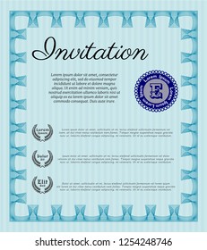 Light blue Invitation template. Easy to print. Detailed. Artistry design. 