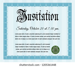 Light blue Invitation template. Elegant design. With great quality guilloche pattern. Detailed. 