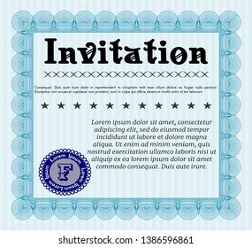 Light blue Invitation template. Excellent design. With guilloche pattern. Customizable, Easy to edit and change colors. 