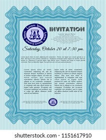 Light blue Invitation template. With great quality guilloche pattern. Detailed. Money style design. 