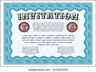 Light blue Invitation template. With great quality guilloche pattern. Detailed. Retro design. 