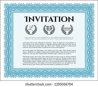 Light blue Invitation template. With great quality guilloche pattern. Detailed. Nice design. 
