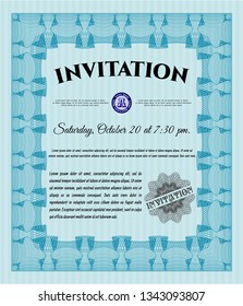 Light blue Invitation template. With great quality guilloche pattern. Cordial design. Customizable, Easy to edit and change colors. 