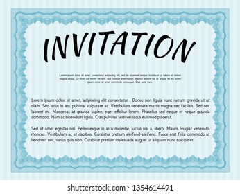 Light blue Invitation template. With great quality guilloche pattern. Customizable, Easy to edit and change colors. Artistry design. 