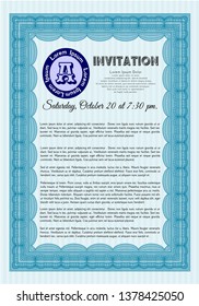 Light blue Invitation template. With great quality guilloche pattern. Artistry design. Detailed. 