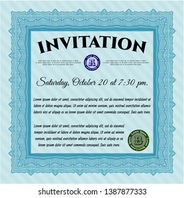 Light blue Invitation template. With great quality guilloche pattern. Detailed. Money Pattern design. 