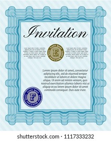 Light blue Invitation template. With guilloche pattern and background. Detailed. Money design. 