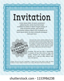 Light blue Invitation template. With guilloche pattern. Cordial design. Vector illustration. 