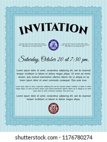 Light blue Invitation template. With guilloche pattern and background. Customizable, Easy to edit and change colors. Beauty design. 