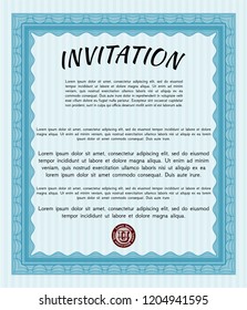Light blue Invitation template. With guilloche pattern and background. Perfect design. Customizable, Easy to edit and change colors. 