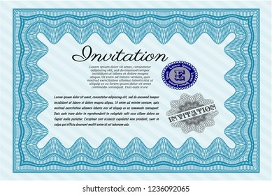 Light blue Invitation template. With guilloche pattern. Retro design. Vector illustration. 