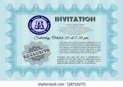 Light blue Invitation template. With guilloche pattern. Cordial design. Detailed. 