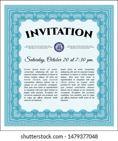 Light blue Invitation template. With guilloche pattern. Good design. Detailed. 