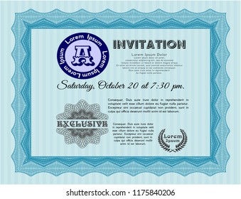 Light blue Invitation template. With linear background. Detailed. Nice design. 