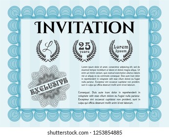 Light blue Invitation template. With linear background. Cordial design. Detailed. 